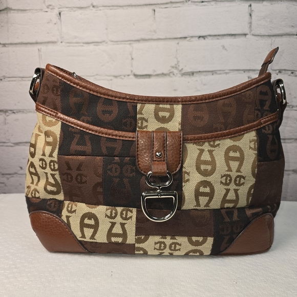 Etienne Aigner Brown and Tan Monogram Shoulder Bag - Picture 2 of 12